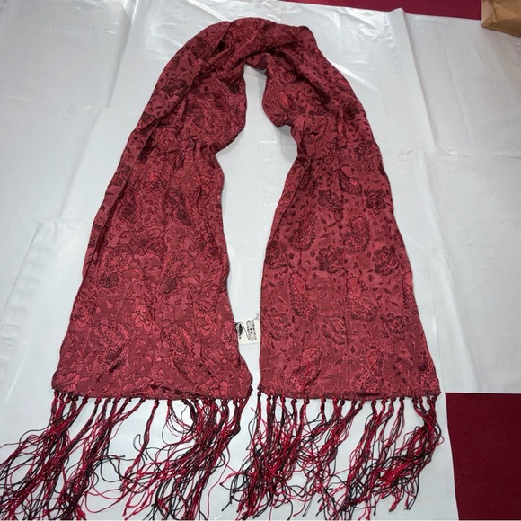 Vintage RED GLENTEX Paisley floral Print Long Scarf Rayon Black Red Long Fringe - Picture 5 of 13
